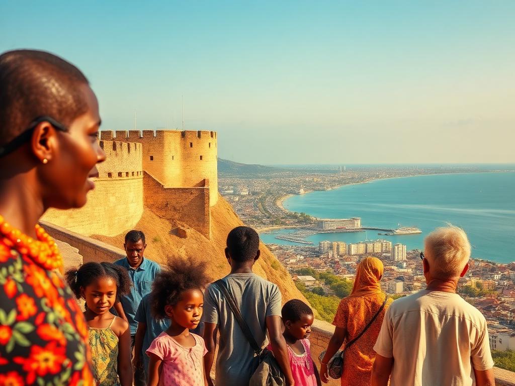 Angola landmark with Angolan people of different ages