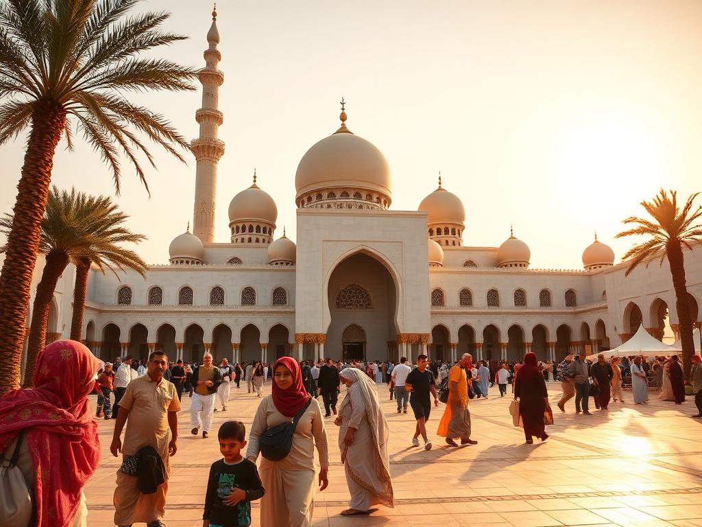 Bahrain landmark with Bahraini people of different ages