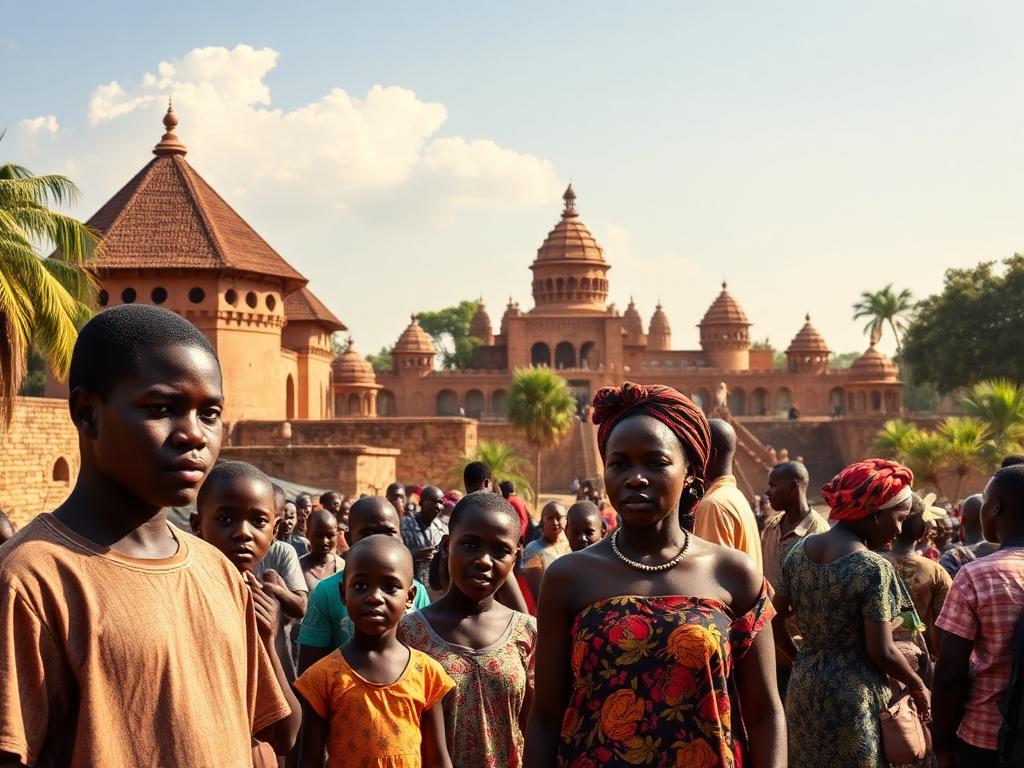 Benin landmark with Beninese people of different ages