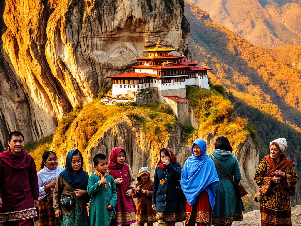 Bhutan landmark with Bhutanese people of different ages