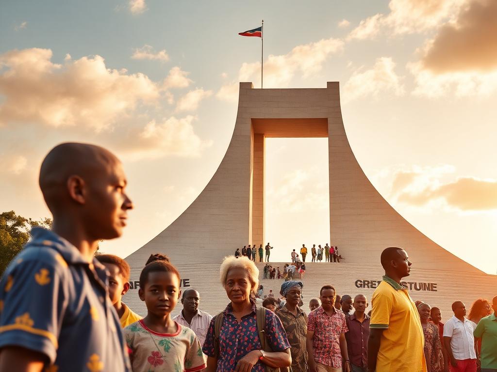 Cameroon landmark with Cameroonian people of different ages