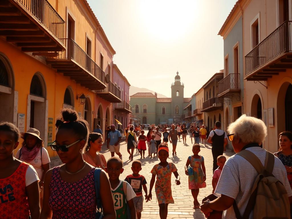 Cape Verde landmark with Cape Verdean people of different ages