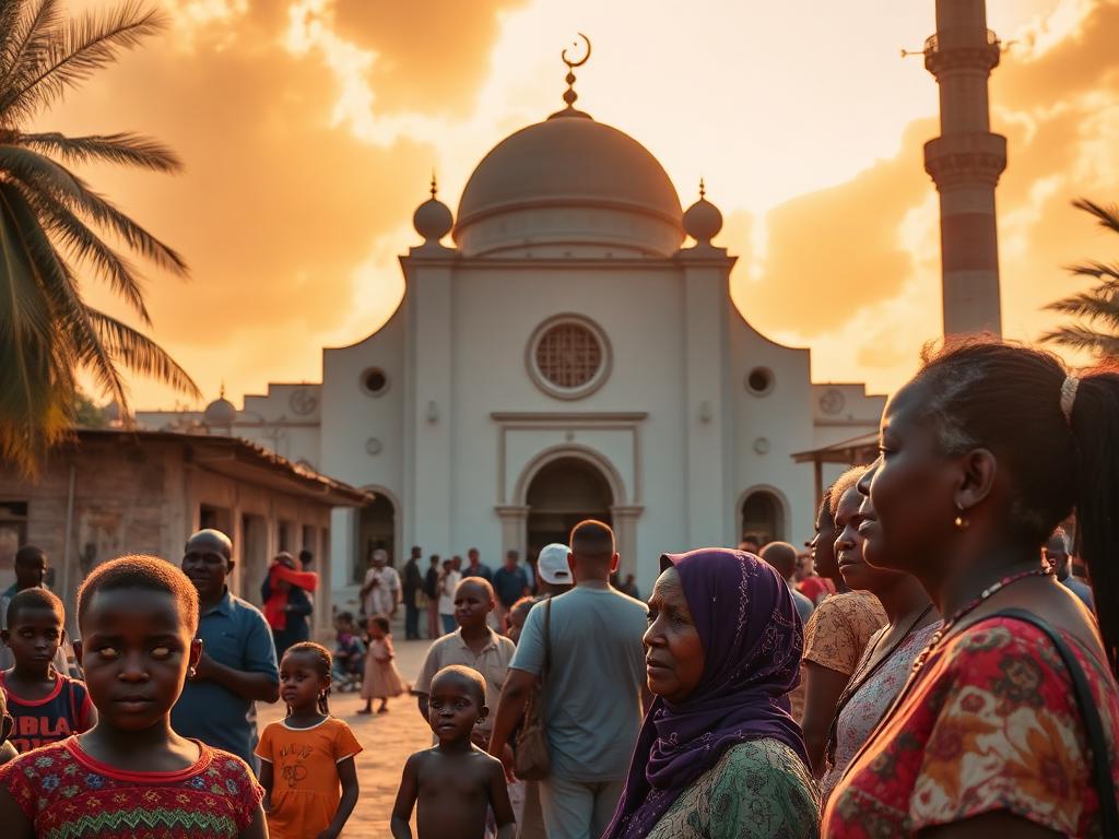 Comoros landmark with Comorian people of different ages