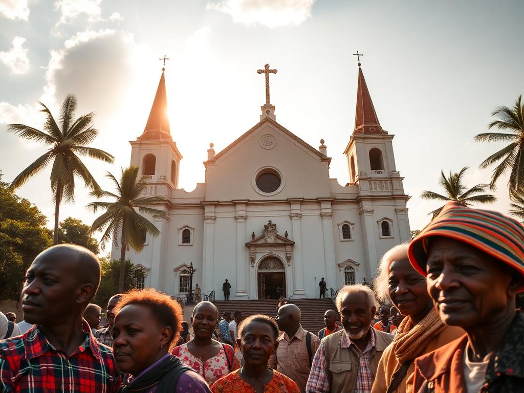 Republic of the Congo landmark with Congolese people of different ages