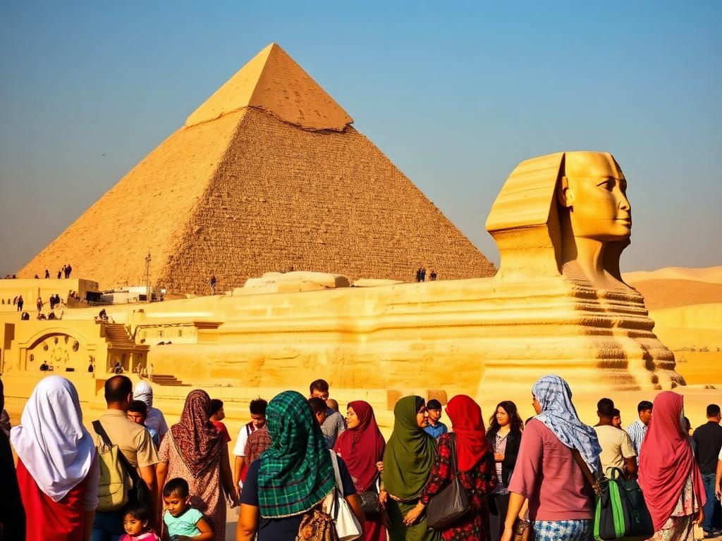 Egypt landmark with Egyptian people of different ages