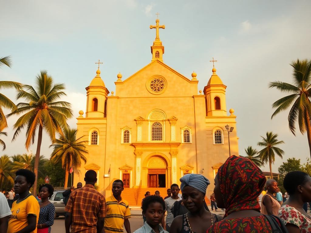 Equatorial Guinea landmark with Equatoguinean people of different ages