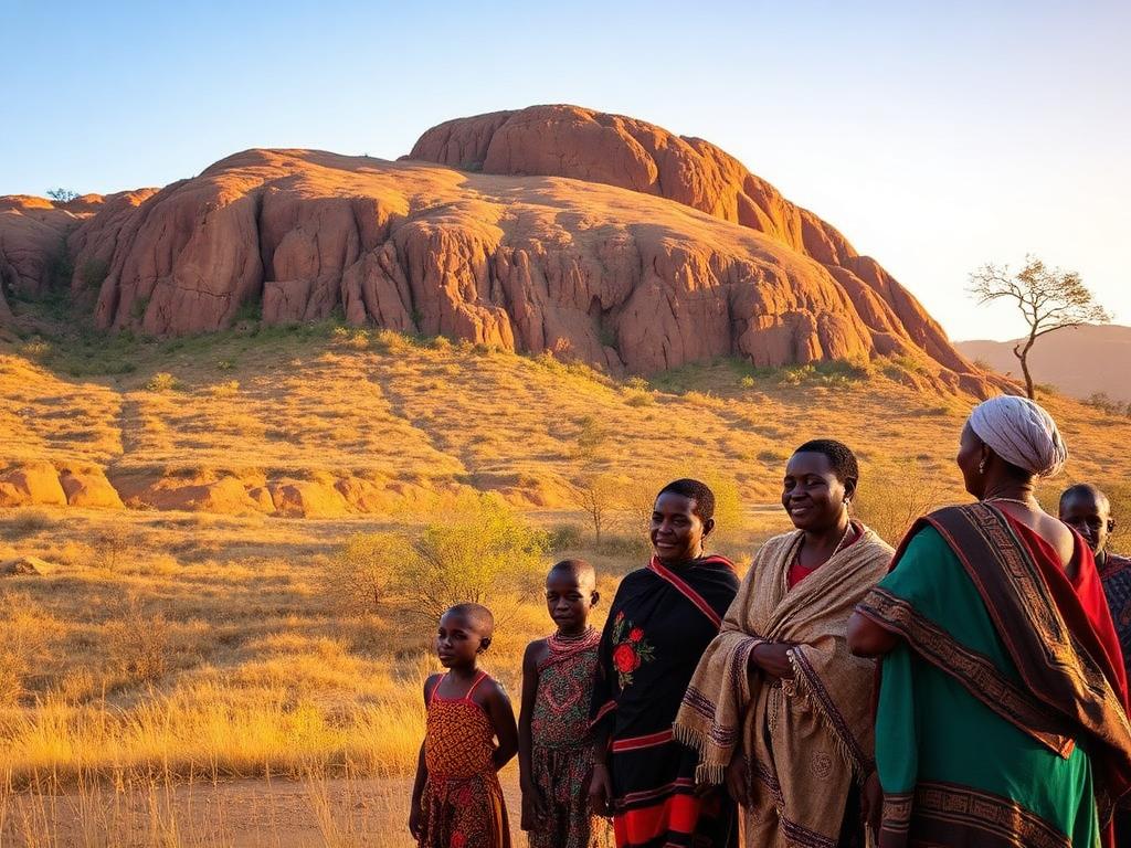 Eswatini landmark with Swati people of different ages