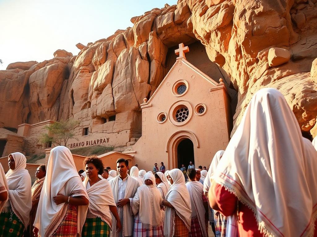 Ethiopia landmark with Ethiopian people of different ages