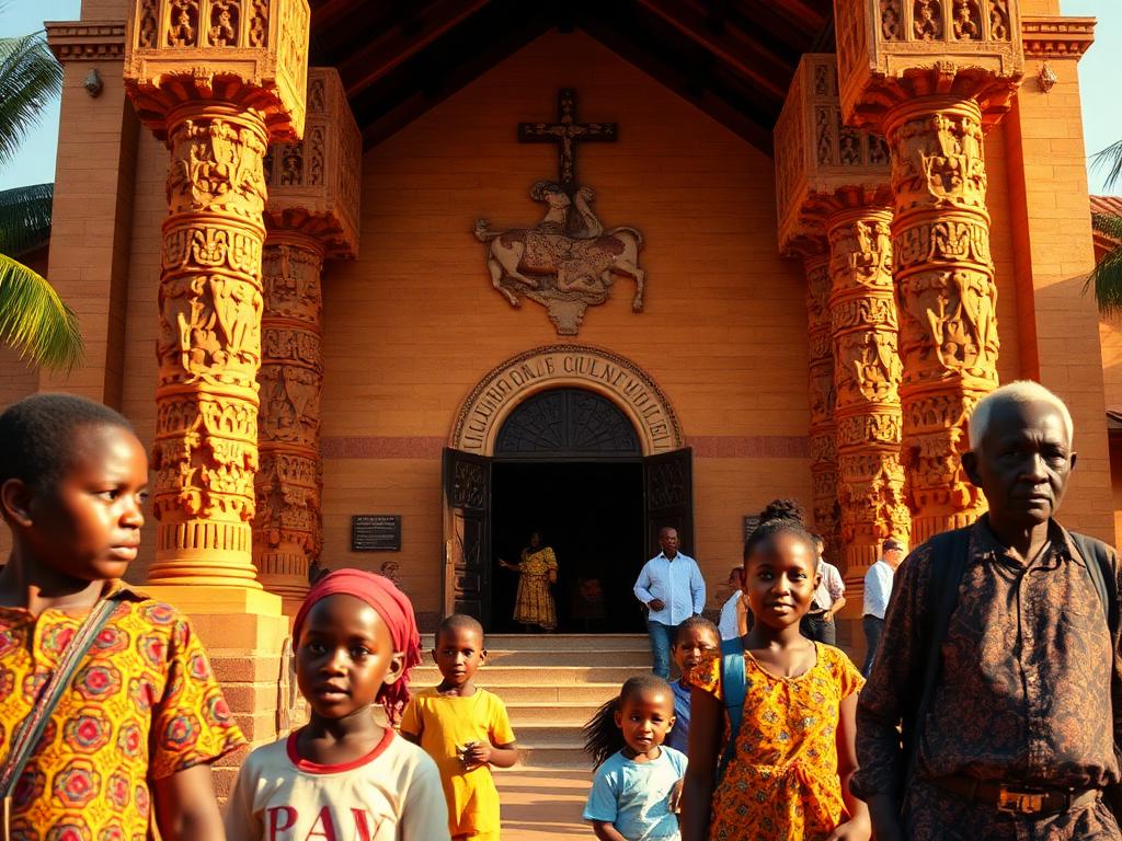 Gabon landmark with Gabonese people of different ages