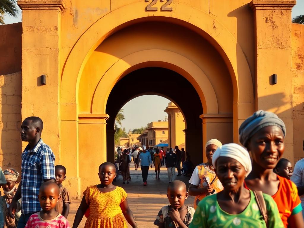 Gambia landmark with Gambian people of different ages