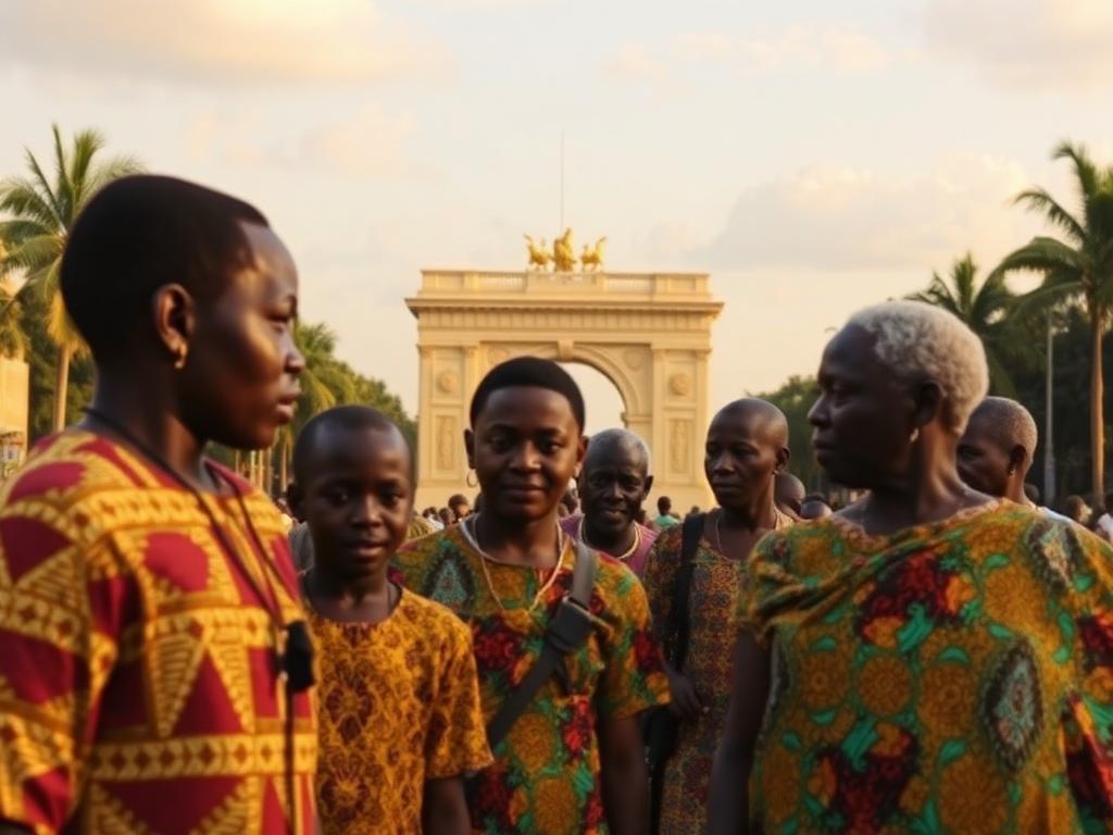 Ghana landmark with Ghanaian people of different ages