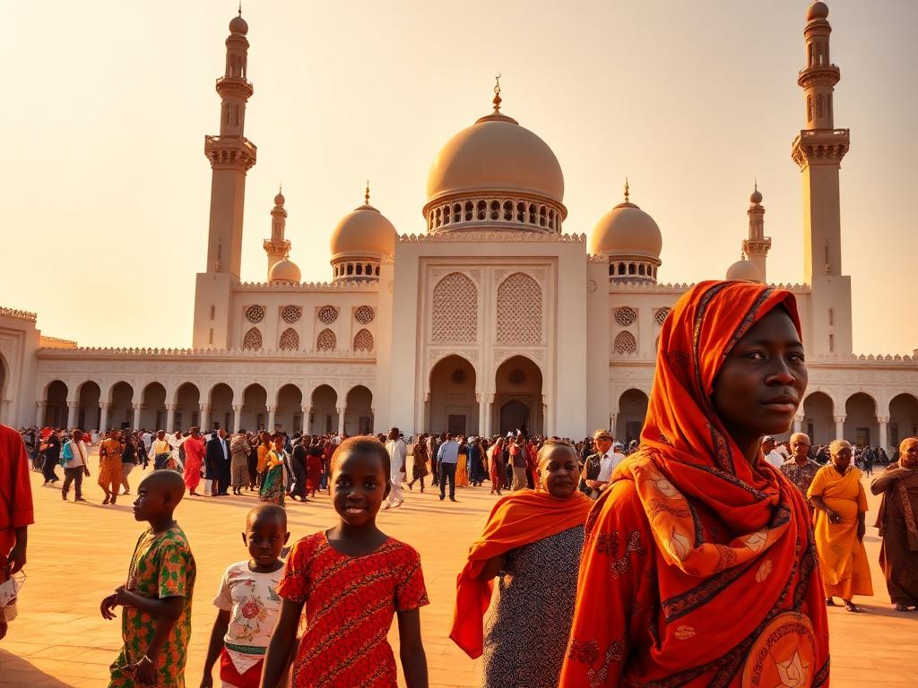 Guinea landmark with Guinean people of different ages