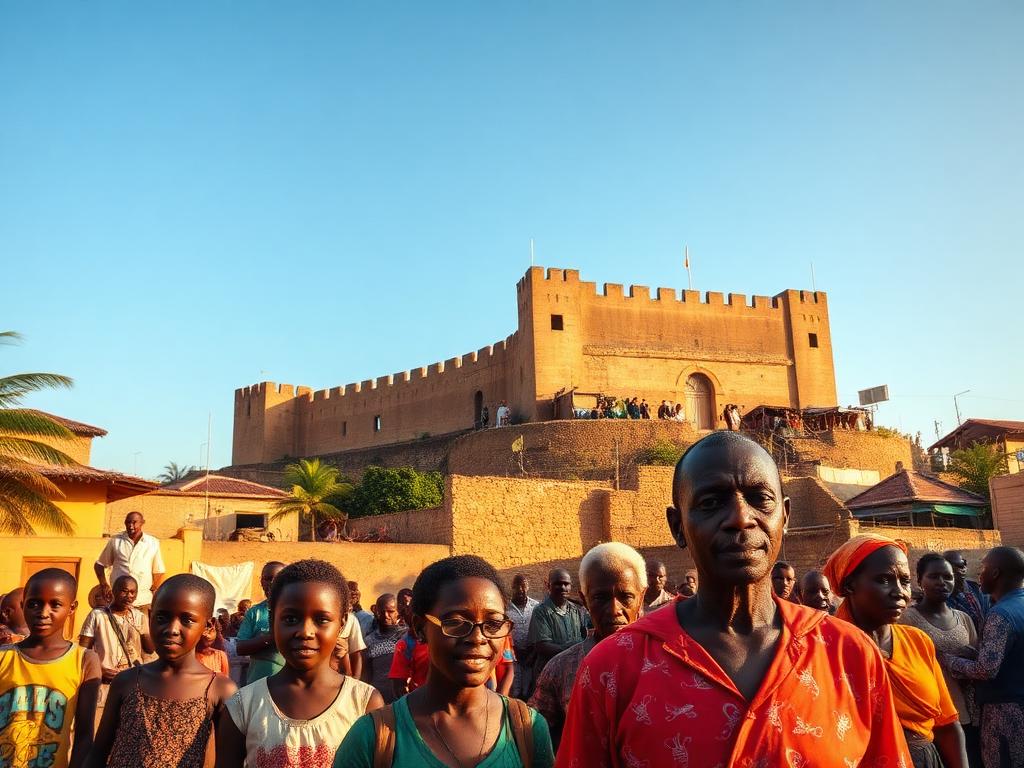Guinea-Bissau landmark with Bissau-Guinean people of different ages
