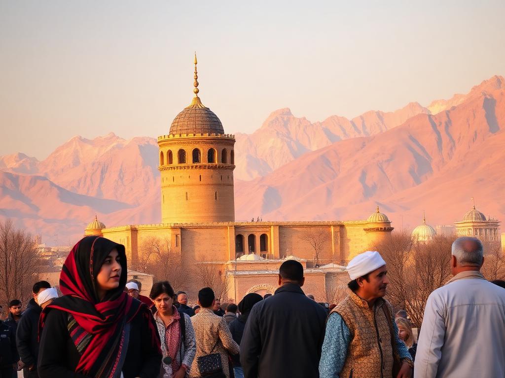 Iran landmark with Iranian people of different ages