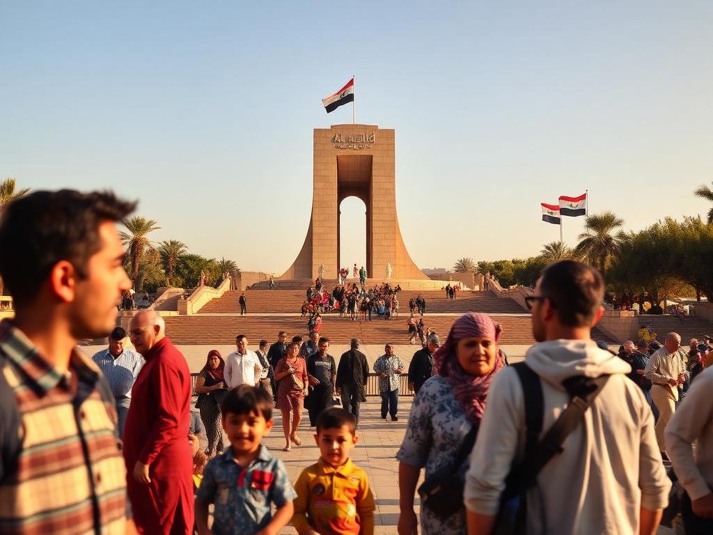 Iraq landmark with Iraqi people of different ages