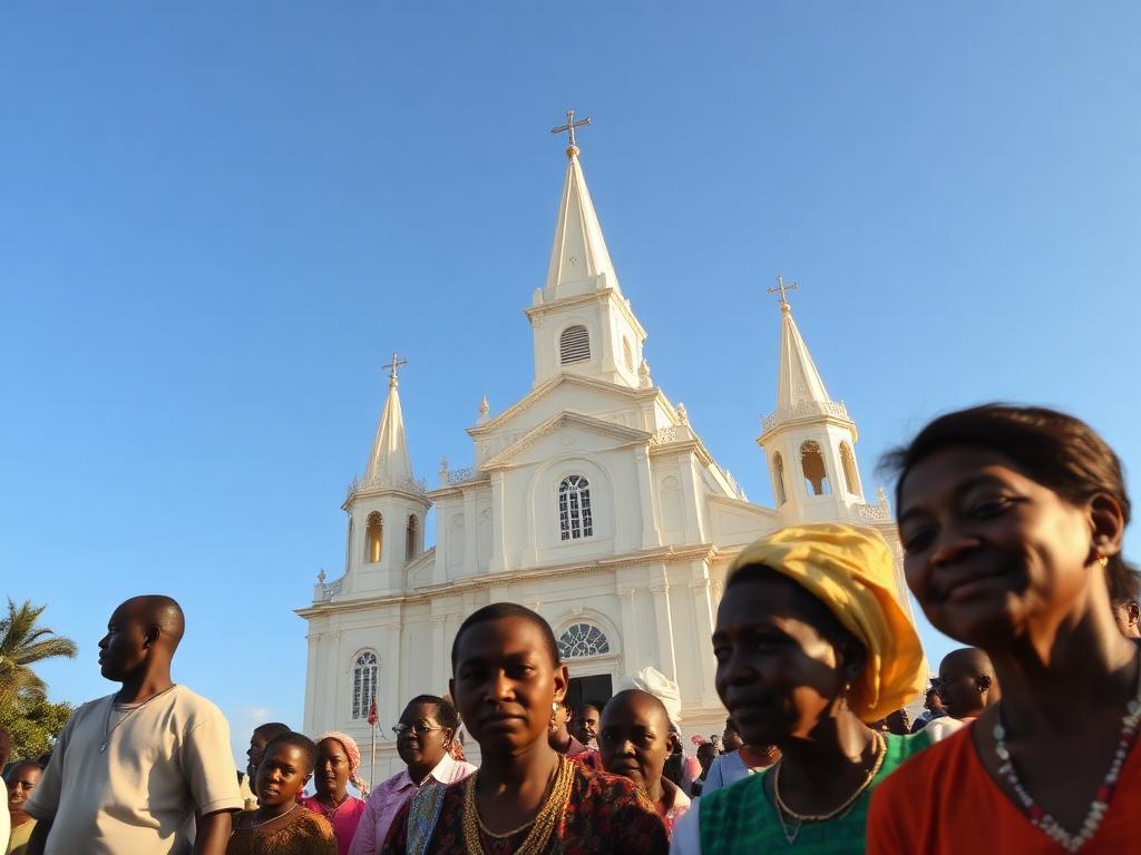 Ivory Coast landmark with Ivorian people of different ages