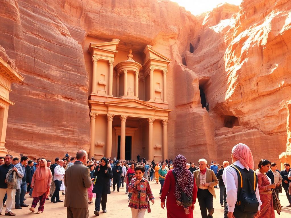 Jordan landmark with Jordanian people of different ages
