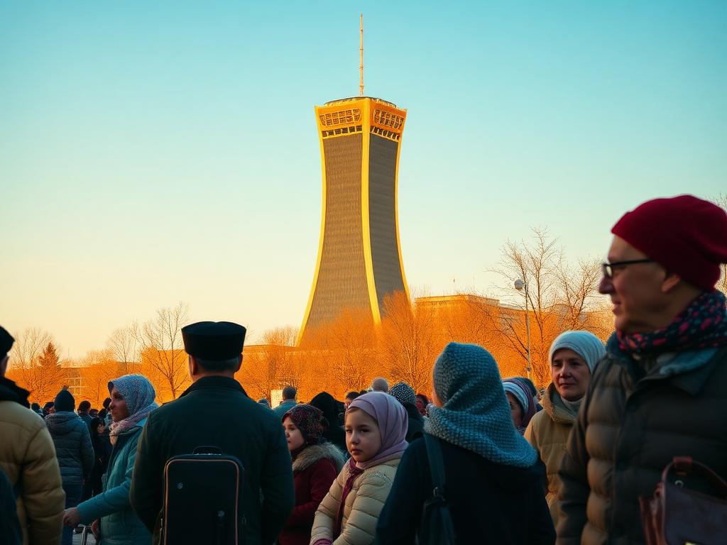 Kazakhstan landmark with Kazakh people of different ages