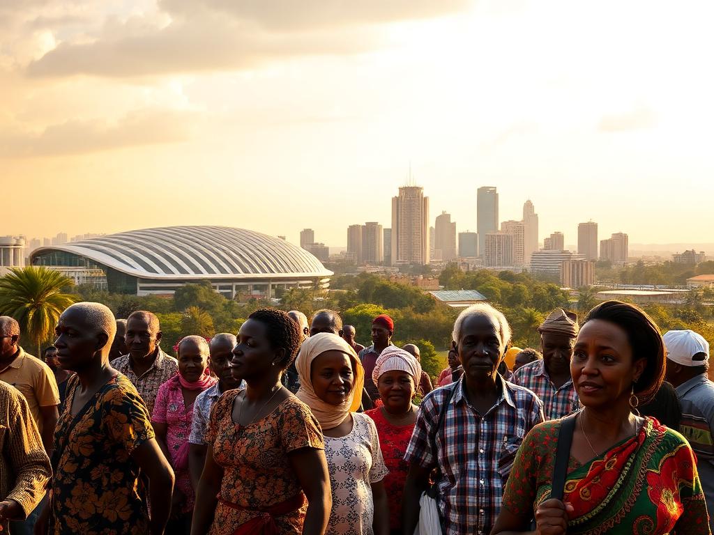 Kenya landmark with Kenyan people of different ages