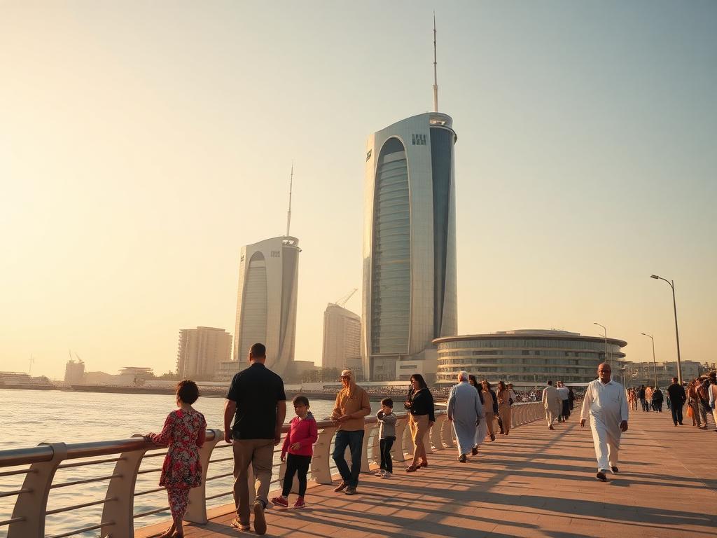 Kuwait landmark with Kuwaiti people of different ages