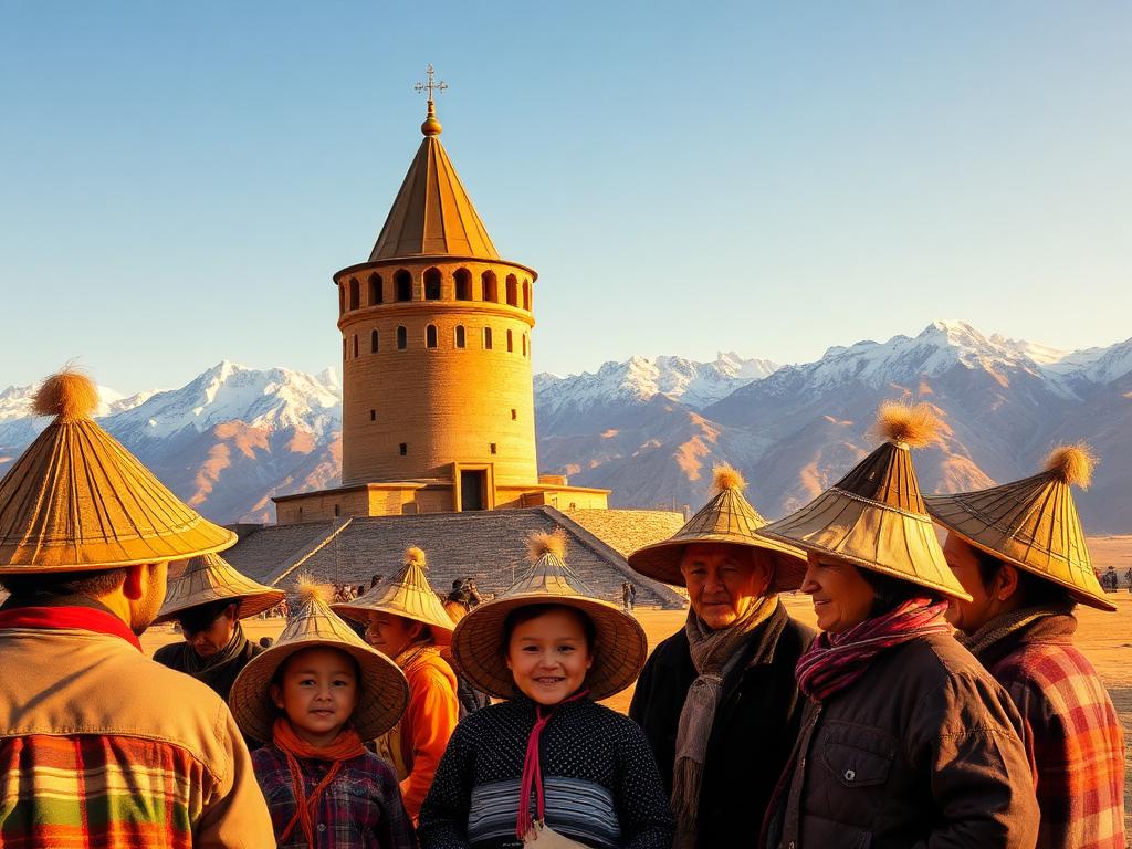 Kyrgyzstan landmark with Kyrgyz people of different ages