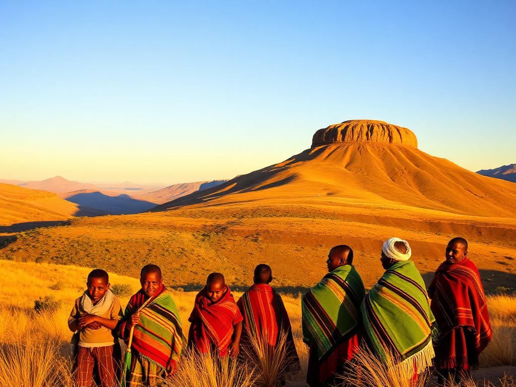 Lesotho landmark with Mosotho people of different ages