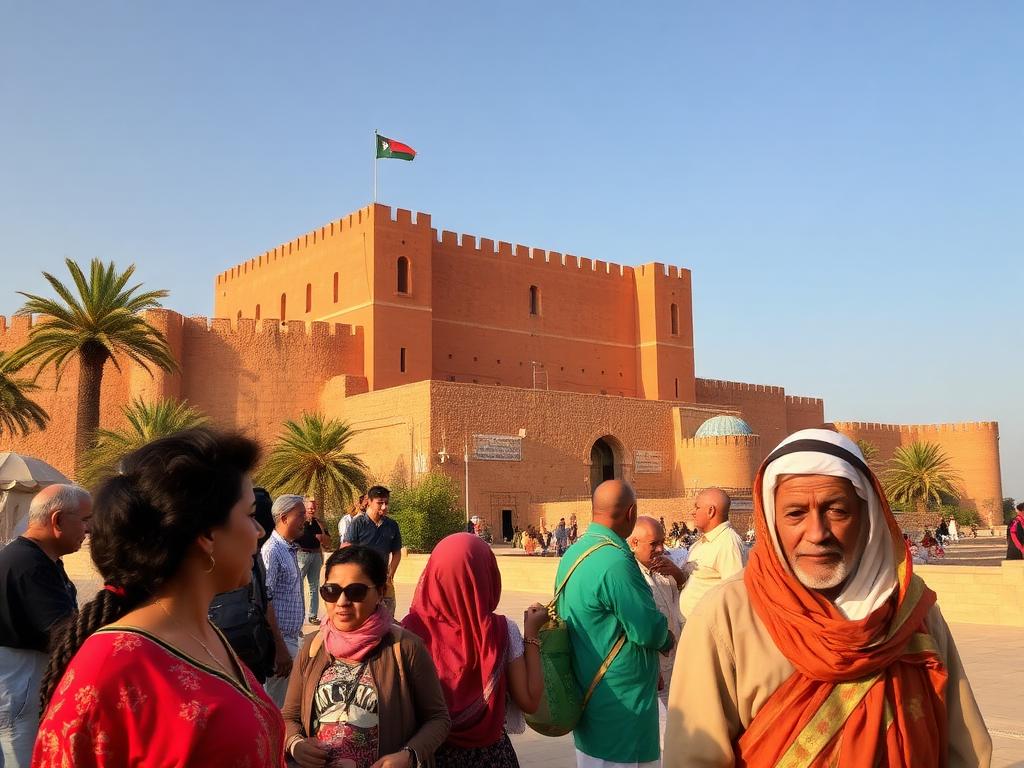 Libya landmark with Libyan people of different ages