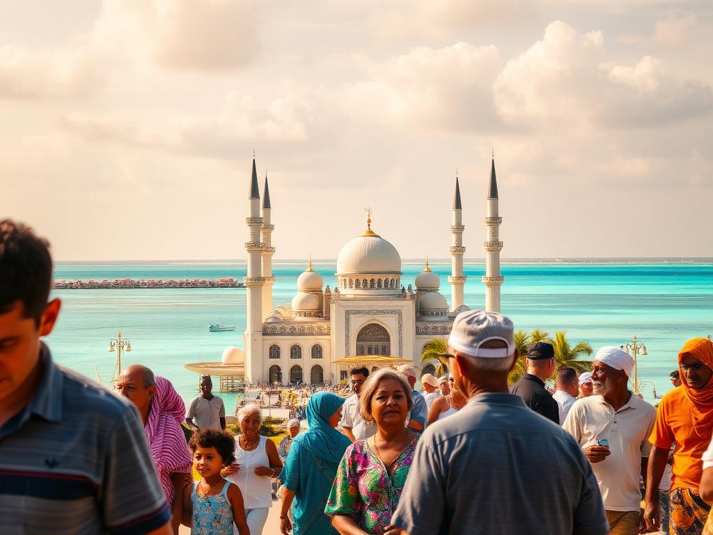 Maldives landmark with Maldivian people of different ages