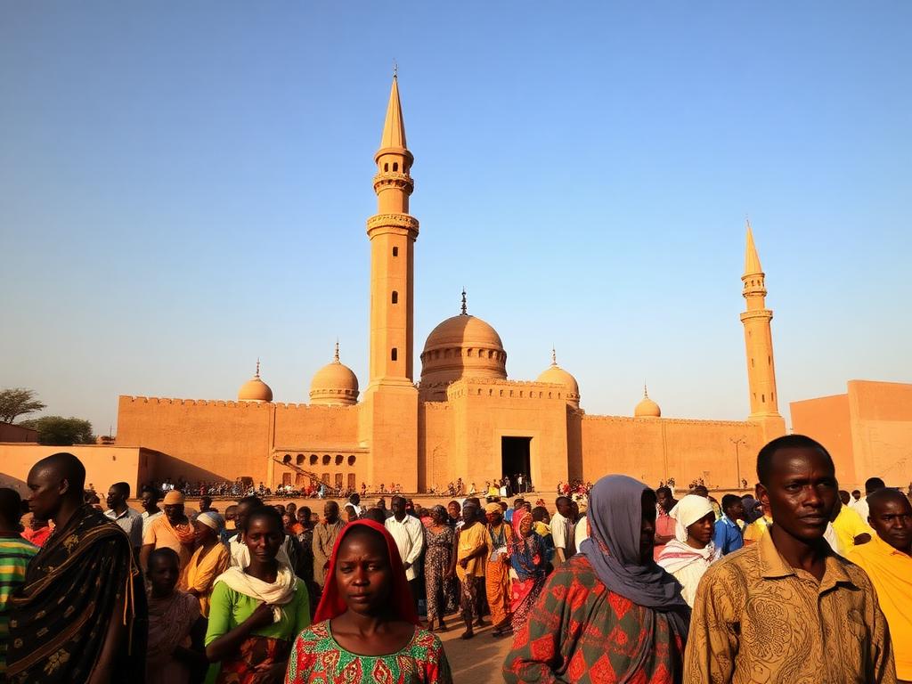 Mali landmark with Malian people of different ages