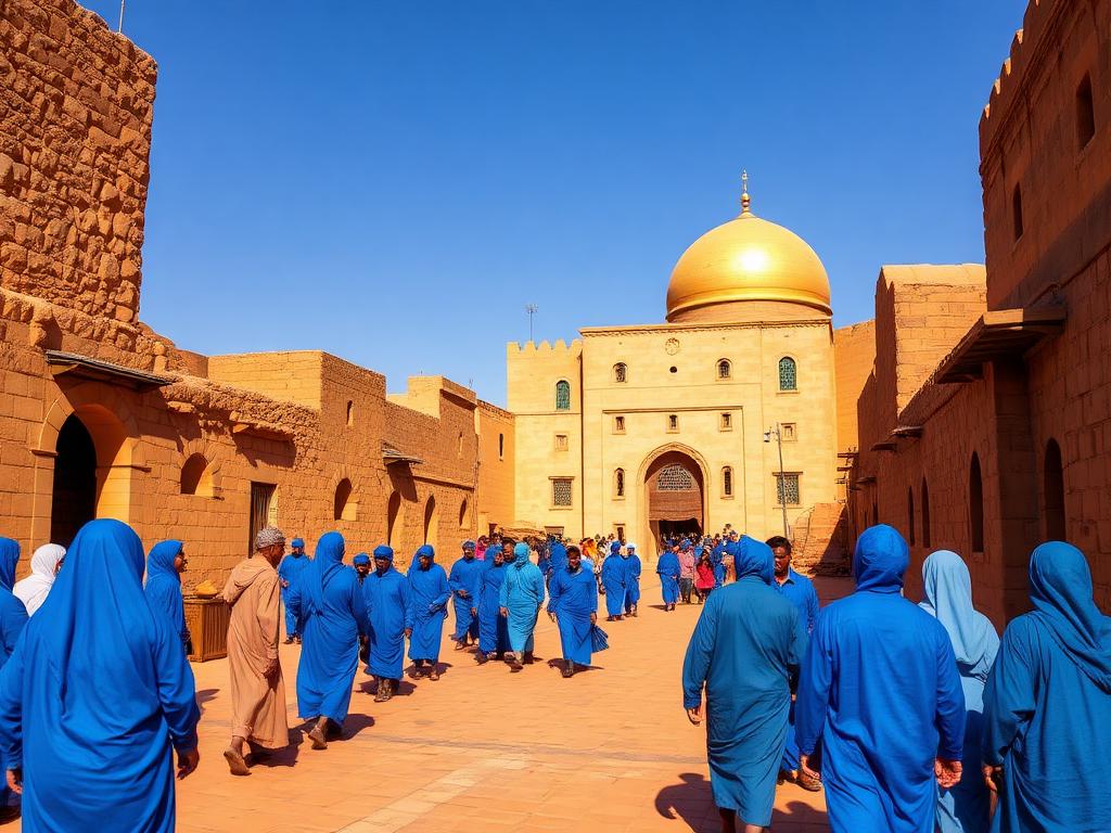 Mauritania landmark with Mauritanian people of different ages