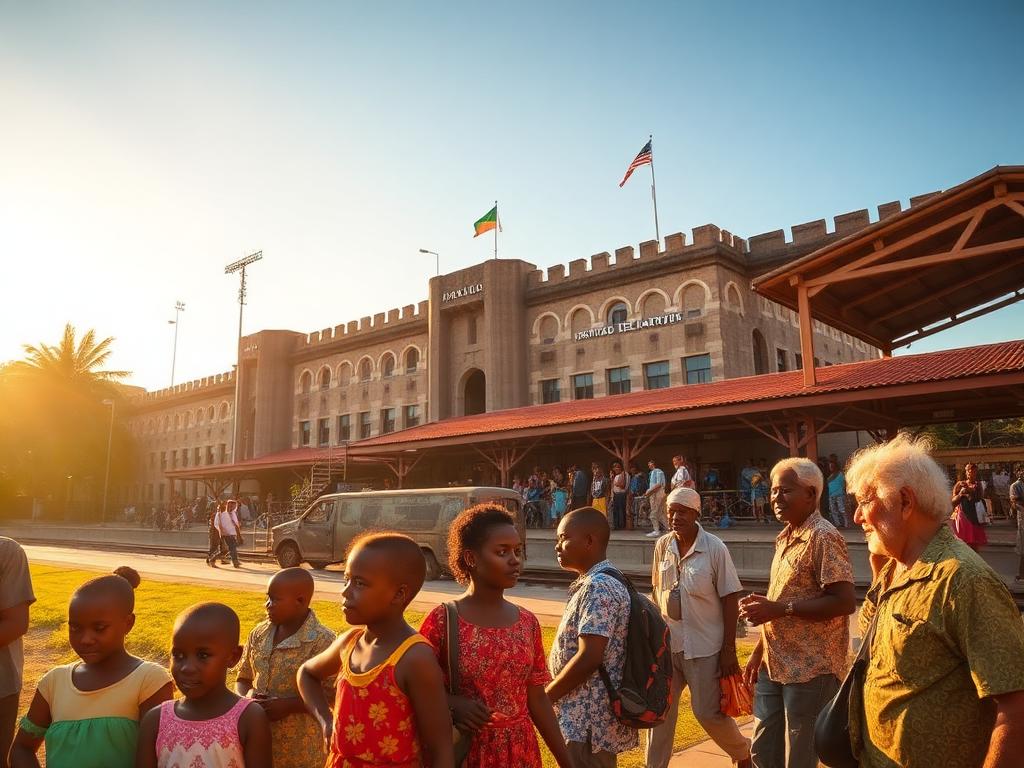 Mozambique landmark with Mozambican people of different ages