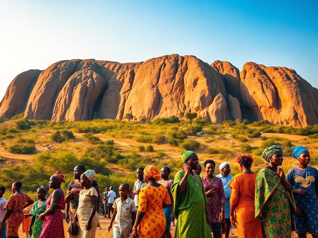 Nigeria landmark with Nigerian people of different ages