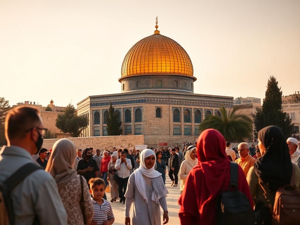 Palestine landmark with Palestinian people of different ages