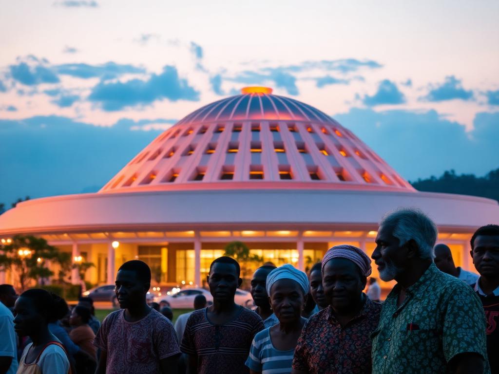 Rwanda landmark with Rwandan people of different ages