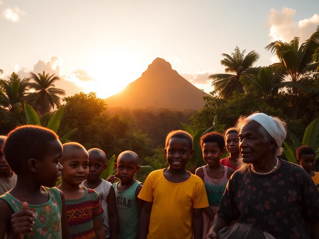 São Tomé and Príncipe landmark with São Toméan people of different ages