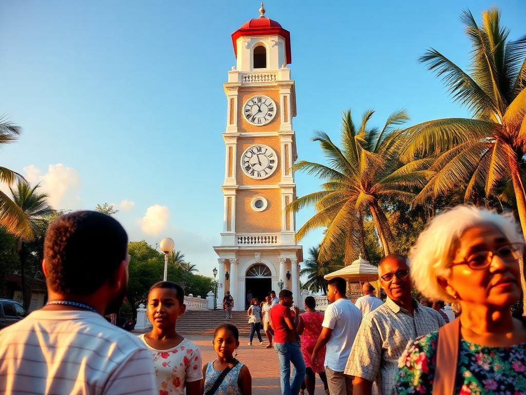 Seychelles landmark with Seychellois people of different ages