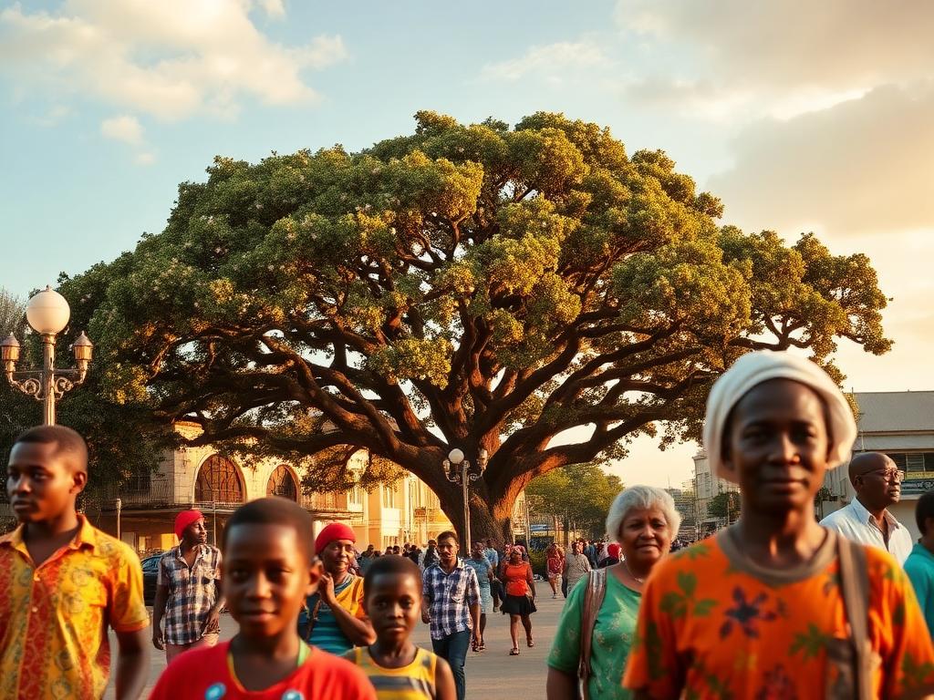 Sierra Leone landmark with Sierra Leonean people of different ages