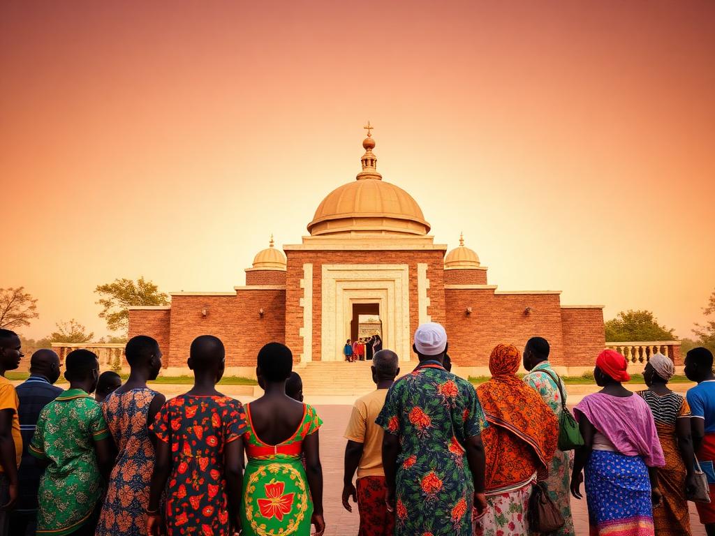 South Sudan landmark with South Sudanese people of different ages