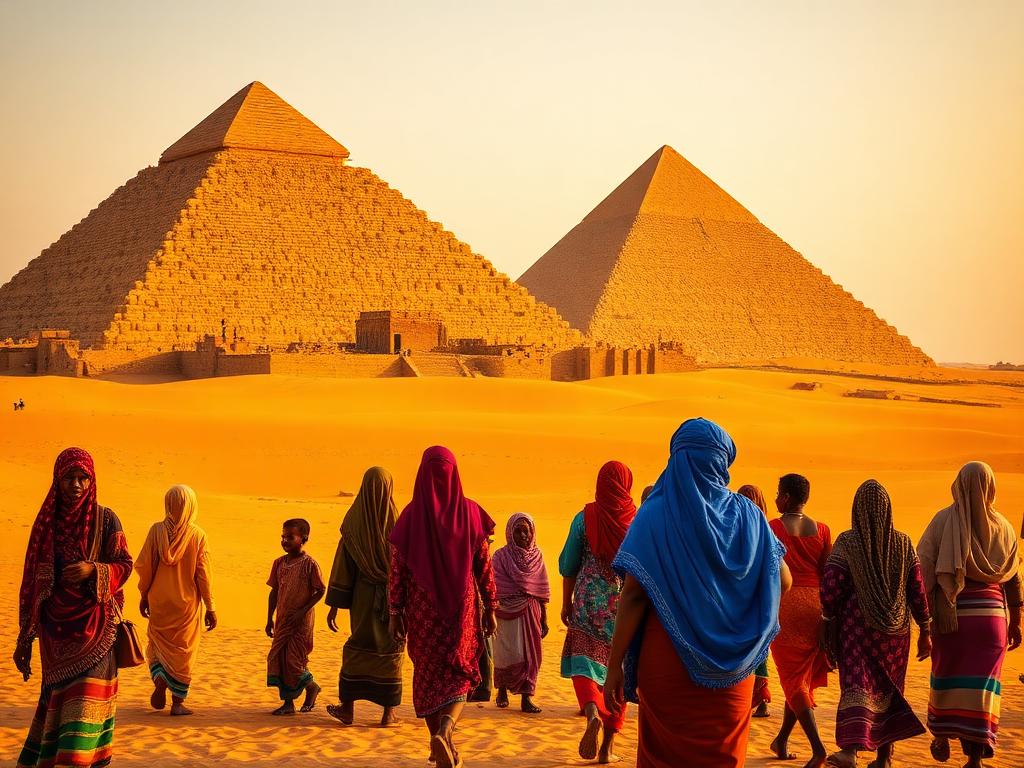 Sudan landmark with Sudanese people of different ages