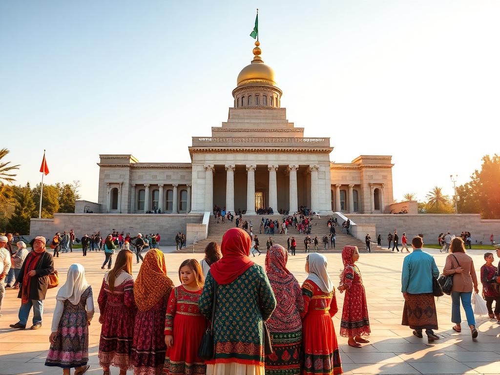 Tajikistan landmark with Tajik people of different ages