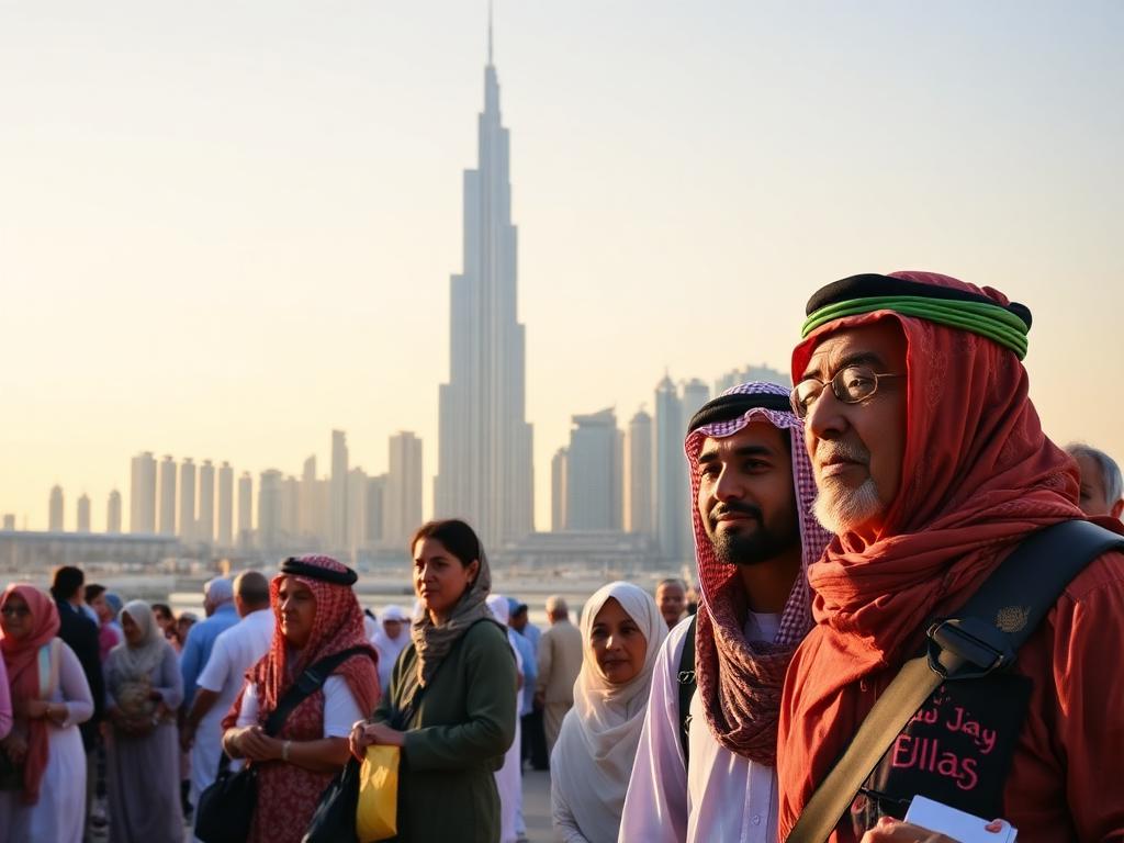 United Arab Emirates landmark with Emirati people of different ages