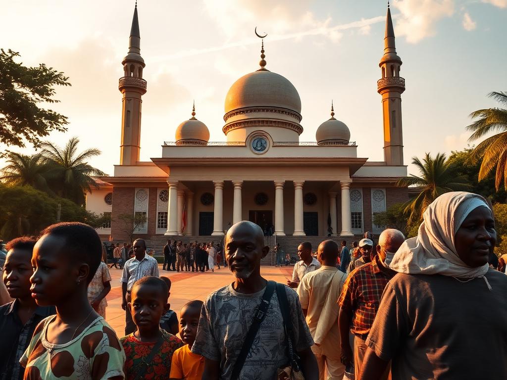 Uganda landmark with Ugandan people of different ages