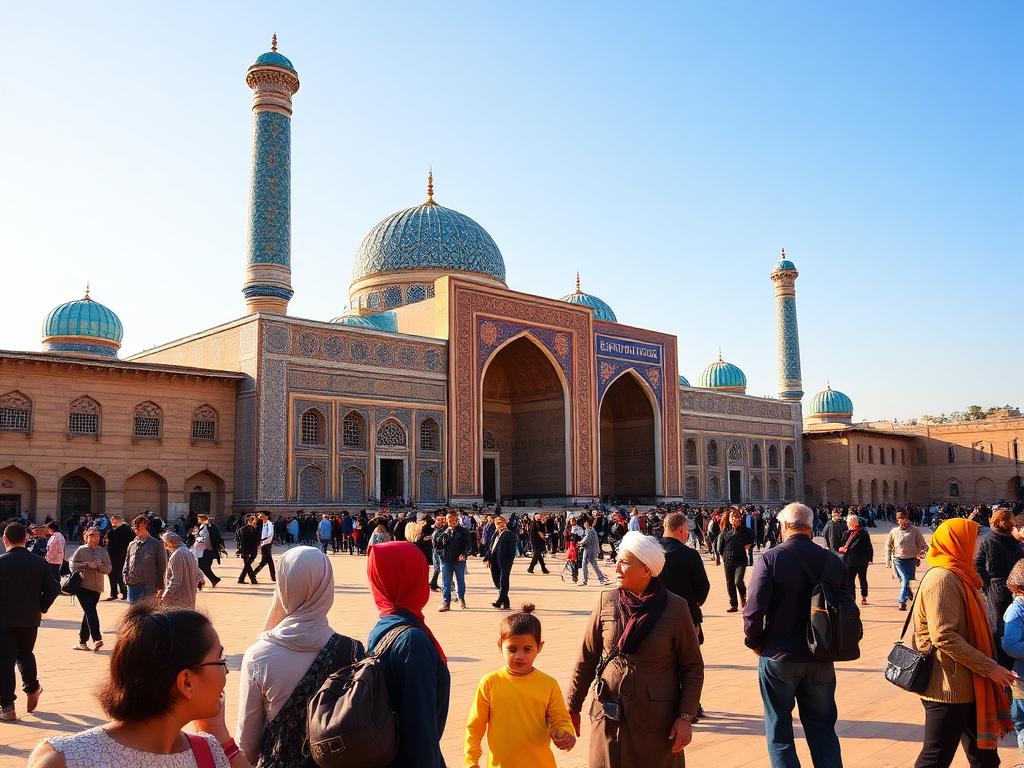 Uzbekistan landmark with Uzbek people of different ages