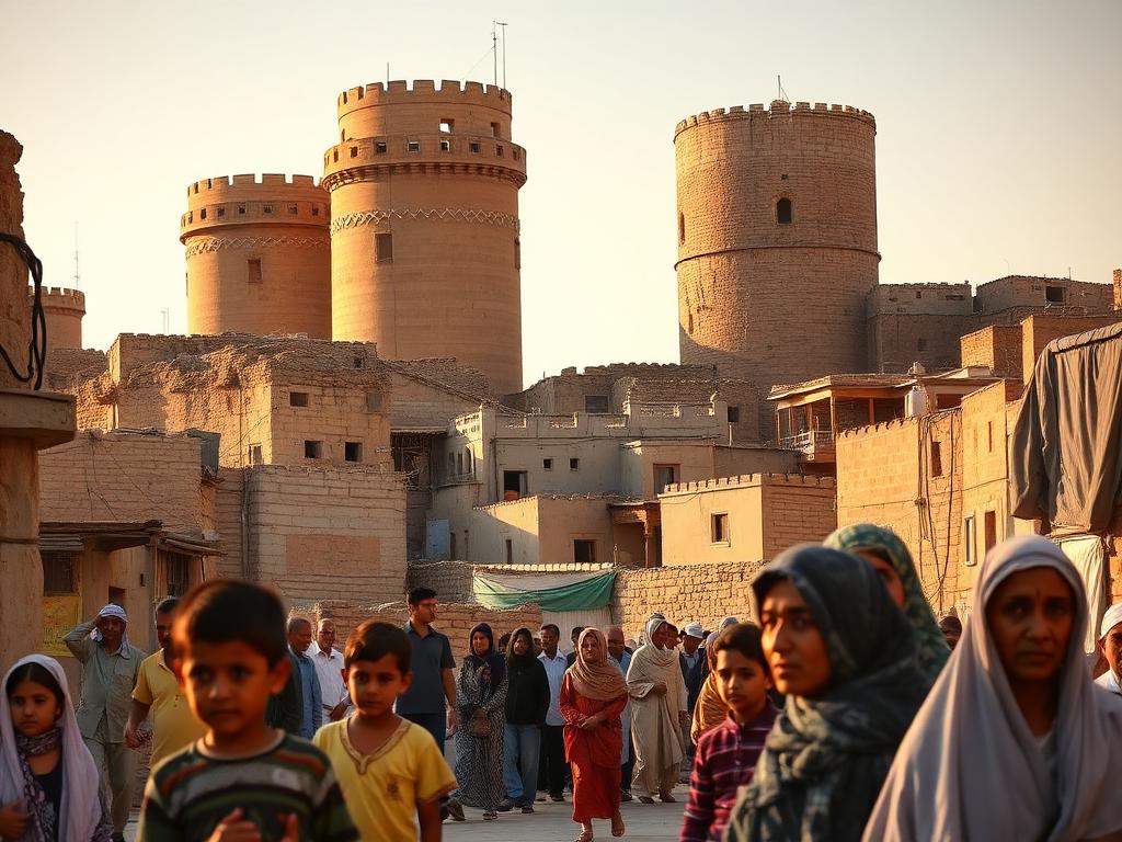 Yemen landmark with Yemeni people of different ages