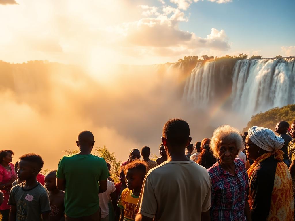 Zambia landmark with Zambian people of different ages