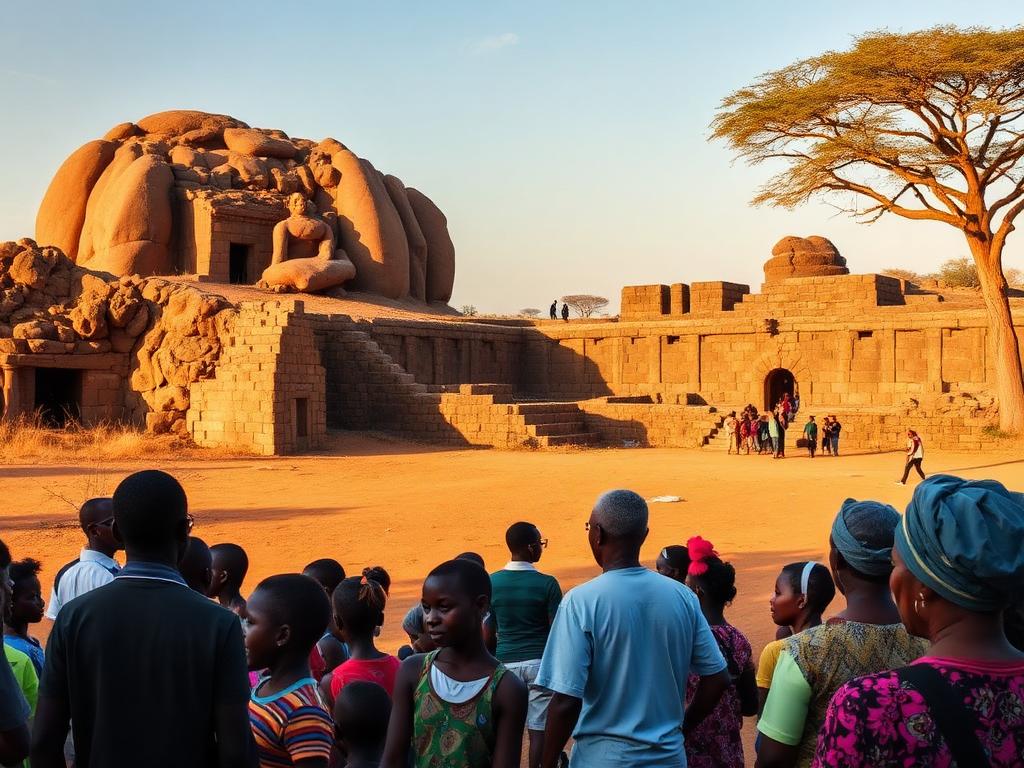 Zimbabwe landmark with Zimbabwean people of different ages